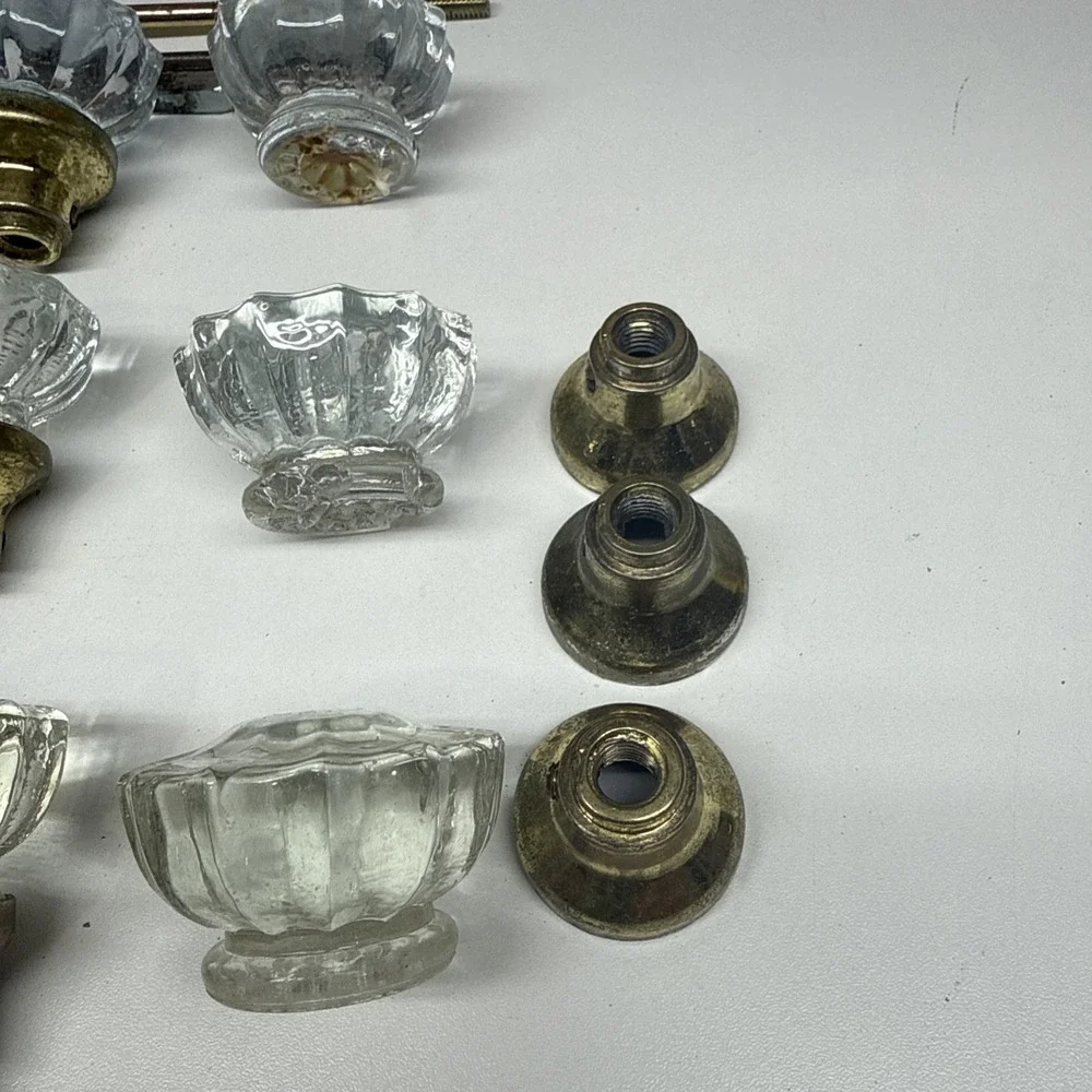 Vintage Glass Door Knob Set w/ Brass Ferrules (Barn Find, Clear Crystal Style)